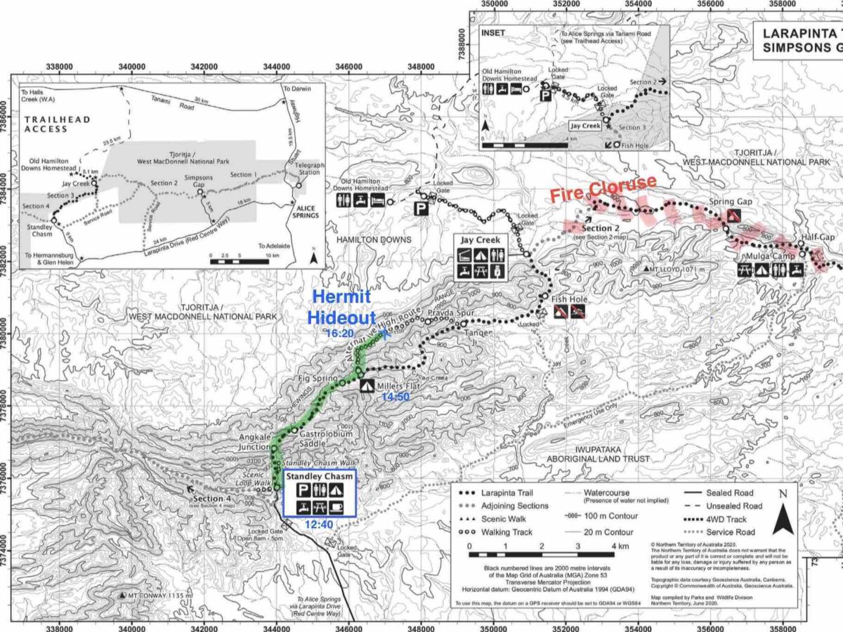 Larapinta Trail Map 1 – Standley Chasm, Hermit Hideout