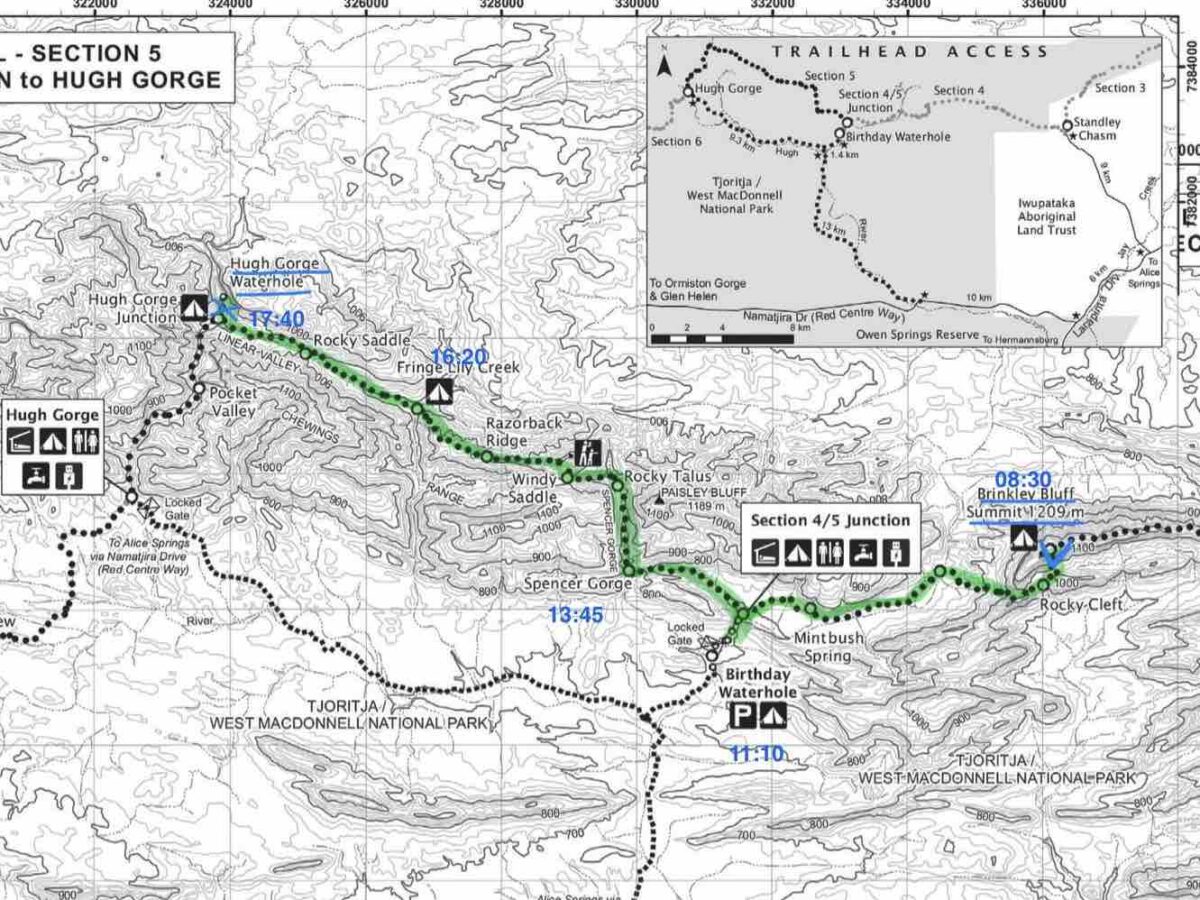 Larapinta Trail Map 2 – Brinkley Bluff, Birthday Waterhole, Spencer Gorge, Razorback Ridge, Fringe Lily, Hugh Gorge