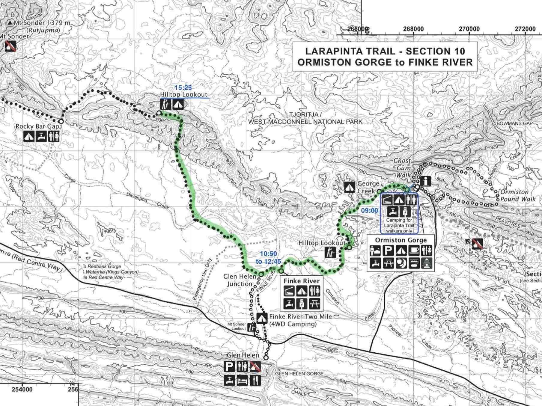 Larapinta Trail Map 10 – Ormiston Gorge, Hilltop Lookout, Finke River, Glen Helen Junction, Rocky Bar Gap