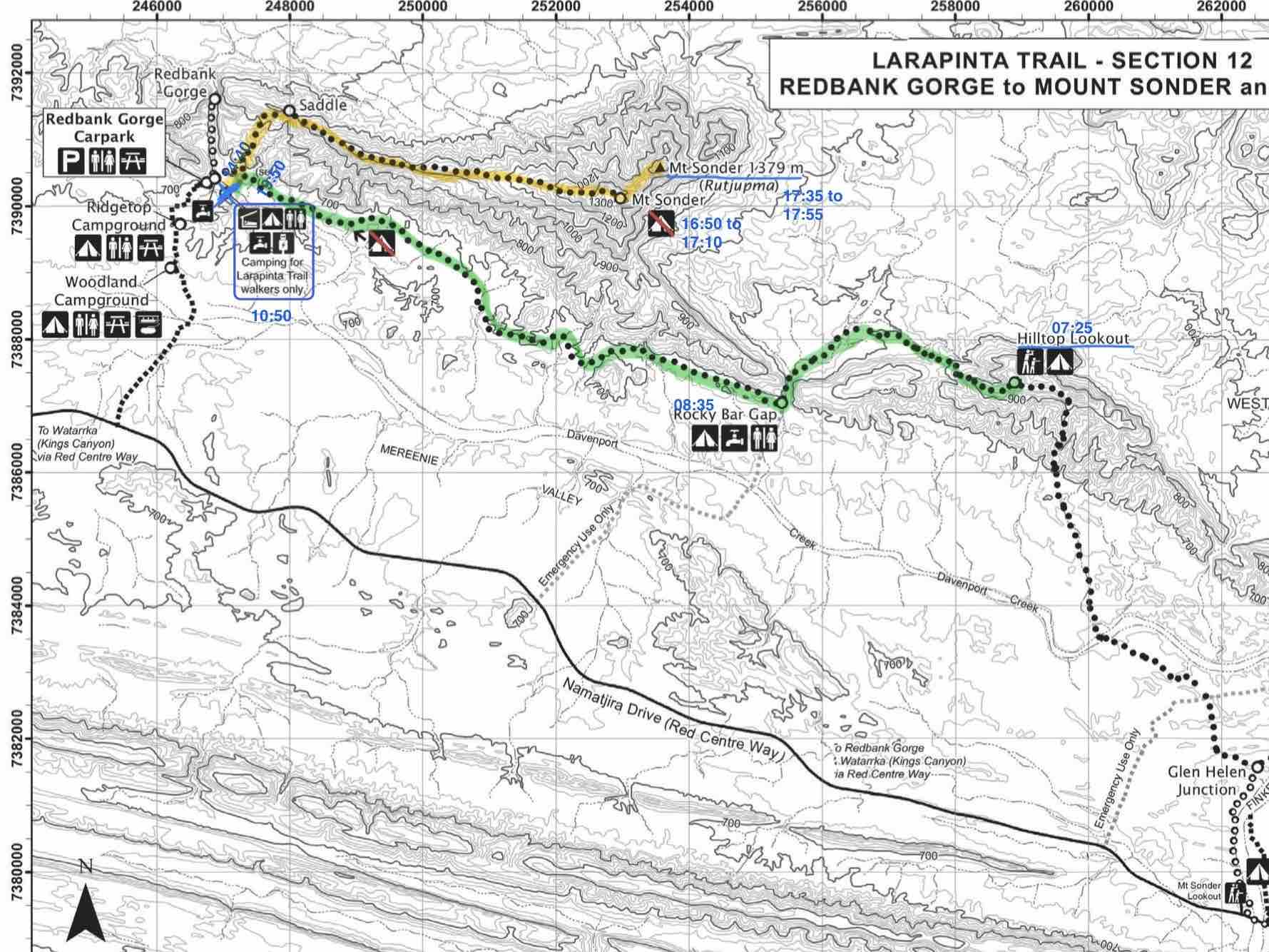 Larapinta Trail Map 11 – Hilltop Lookout, Rocky Bar Gap, Redbank Gorge, Mt Sonder (Rutjupma)